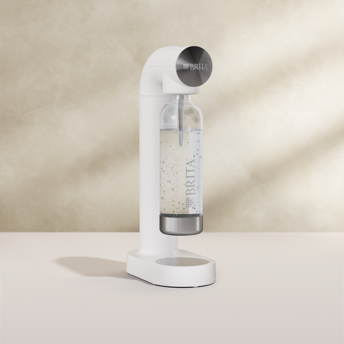 BRITA sodaONE Sparkling Water Maker in white on a beige background